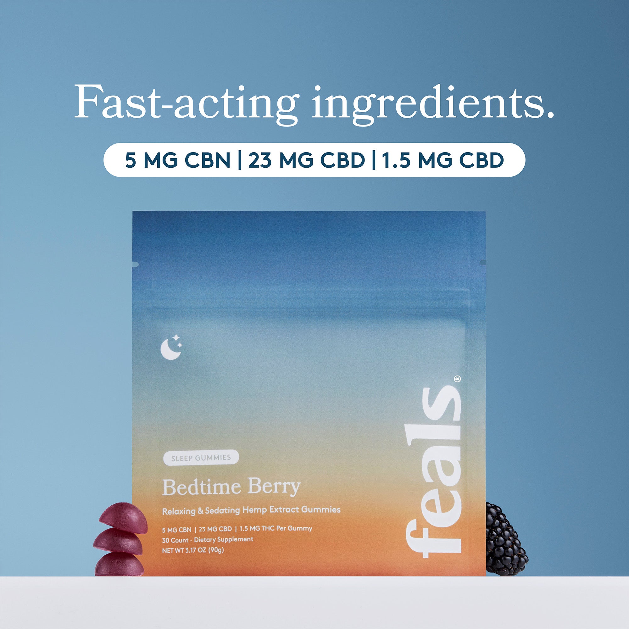 A product shot of Feals Bedtime Berry Sleep Gummies on a white pedestal with a stack of 3 sleep gummies and a blackberry. The title says