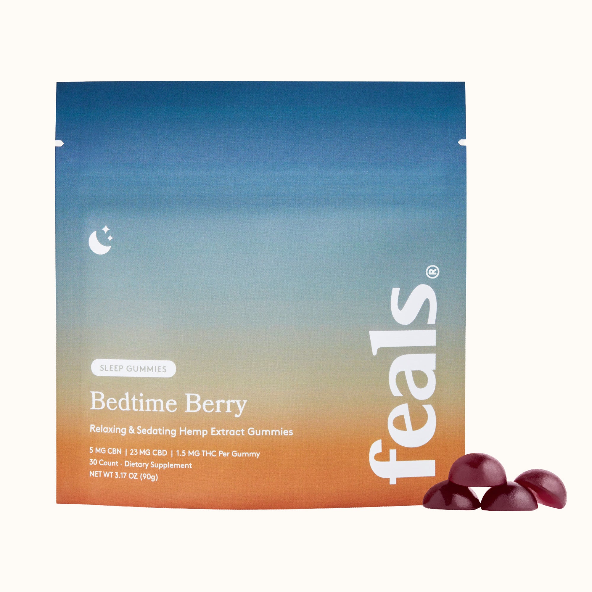 A product image of Feals Bedtime Berry Sleep Gummies with four sleep gummies positioned in front of it.
