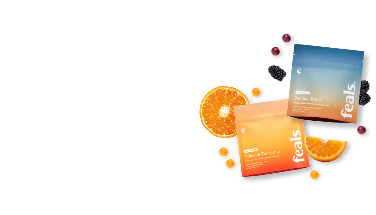 A pouch of Feals Relax Gummies and a pouch of Feals Sleep Gummies, styled with citrus slices and berries with gummies scattered around.