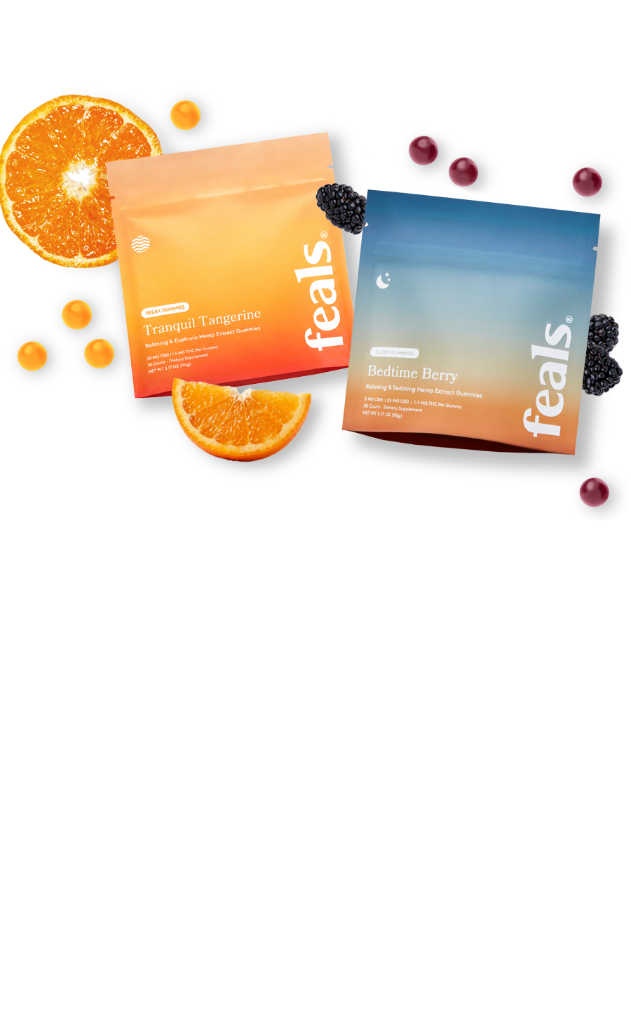 A pouch of Feals Relax Gummies and a pouch of Feals Sleep Gummies, styled with citrus slices and berries with gummies scattered around.