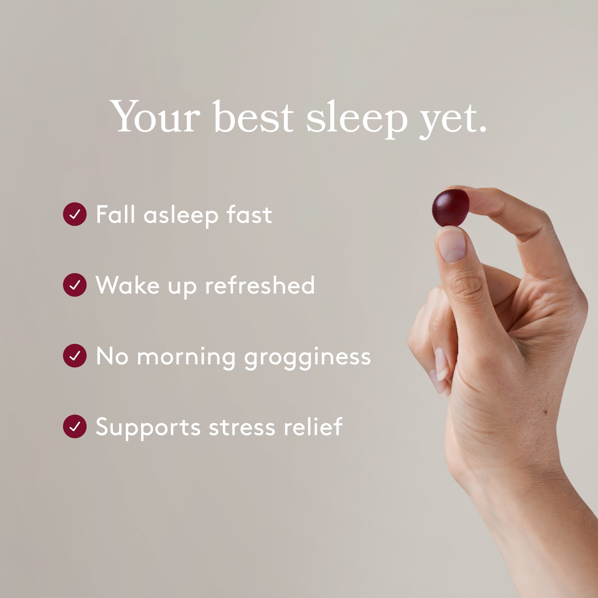 A hand holding an individual Feals Sleep gummy with the title 