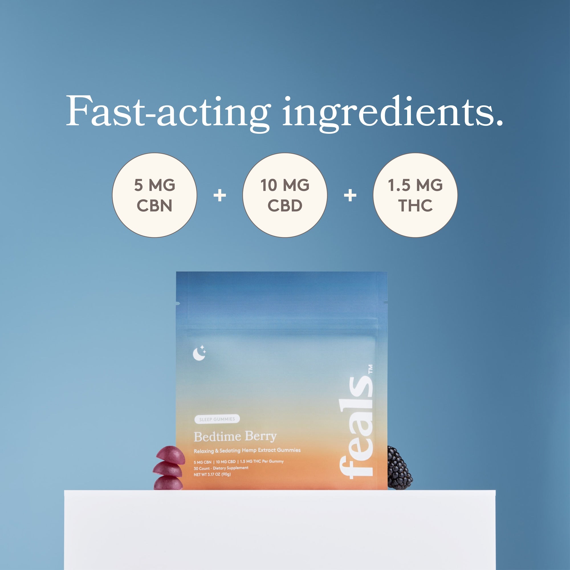 A product shot of Feals Bedtime Berry Sleep Gummies on a white pedestal with a stack of 3 sleep gummies and a blackberry. The title says 