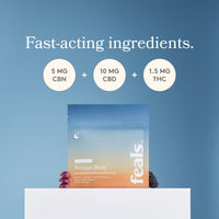 A product shot of Feals Bedtime Berry Sleep Gummies on a white pedestal with a stack of 3 sleep gummies and a blackberry. The title says "Fast-acting ingredients" with the ingredients listed as 5mg CBN + 10mg CBD + 1.5mg THC.