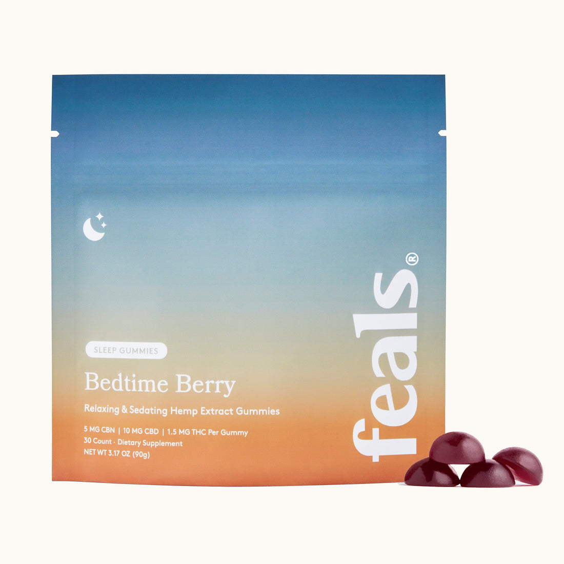 A product image of Feals Bedtime Berry Sleep Gummies with four sleep gummies positioned in front of it.