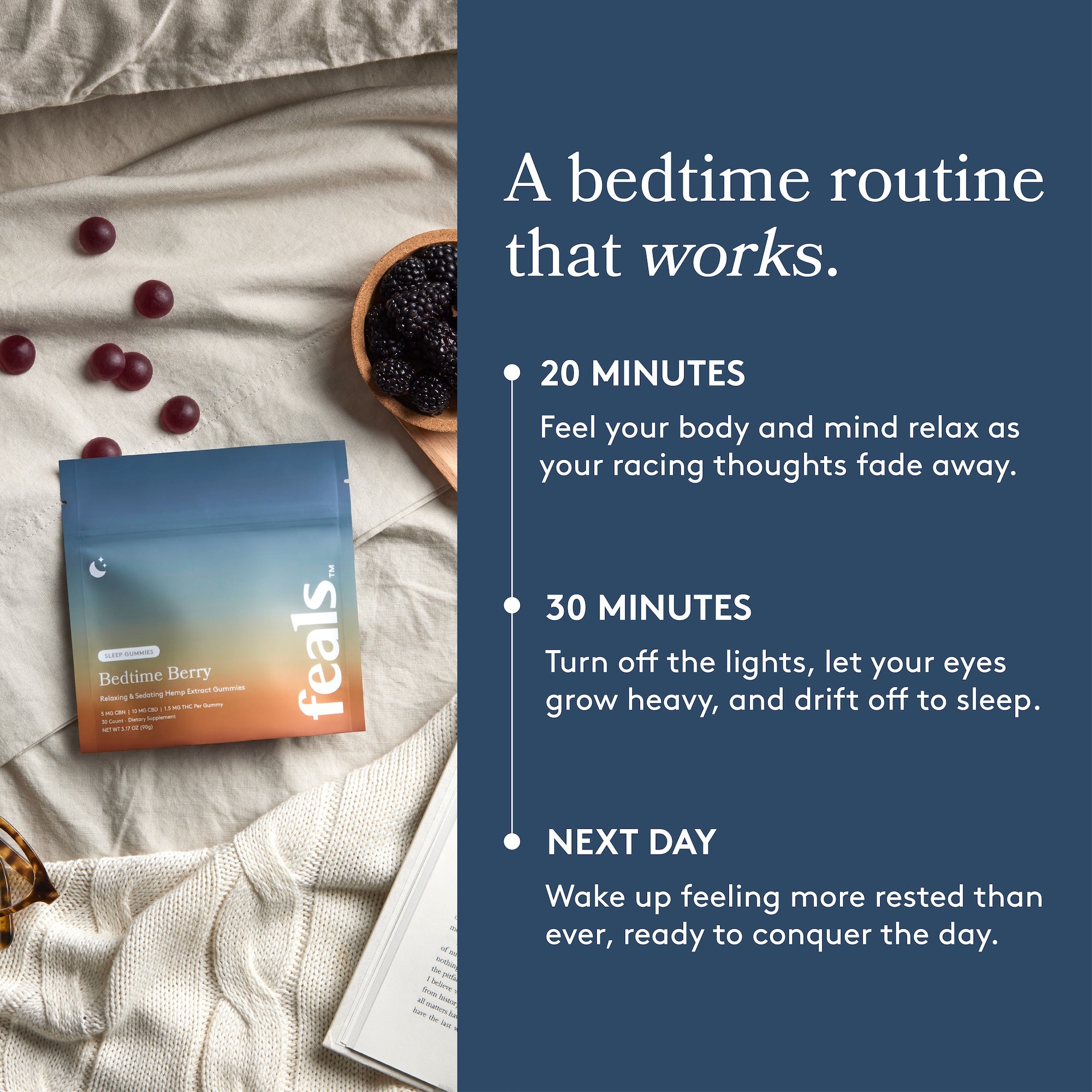 An overhead flatlay of Feals Bedtime Berry Sleep Gummies on linen sheets with gummies spilling out of the bag next to a bowl of blackberries. The title says 